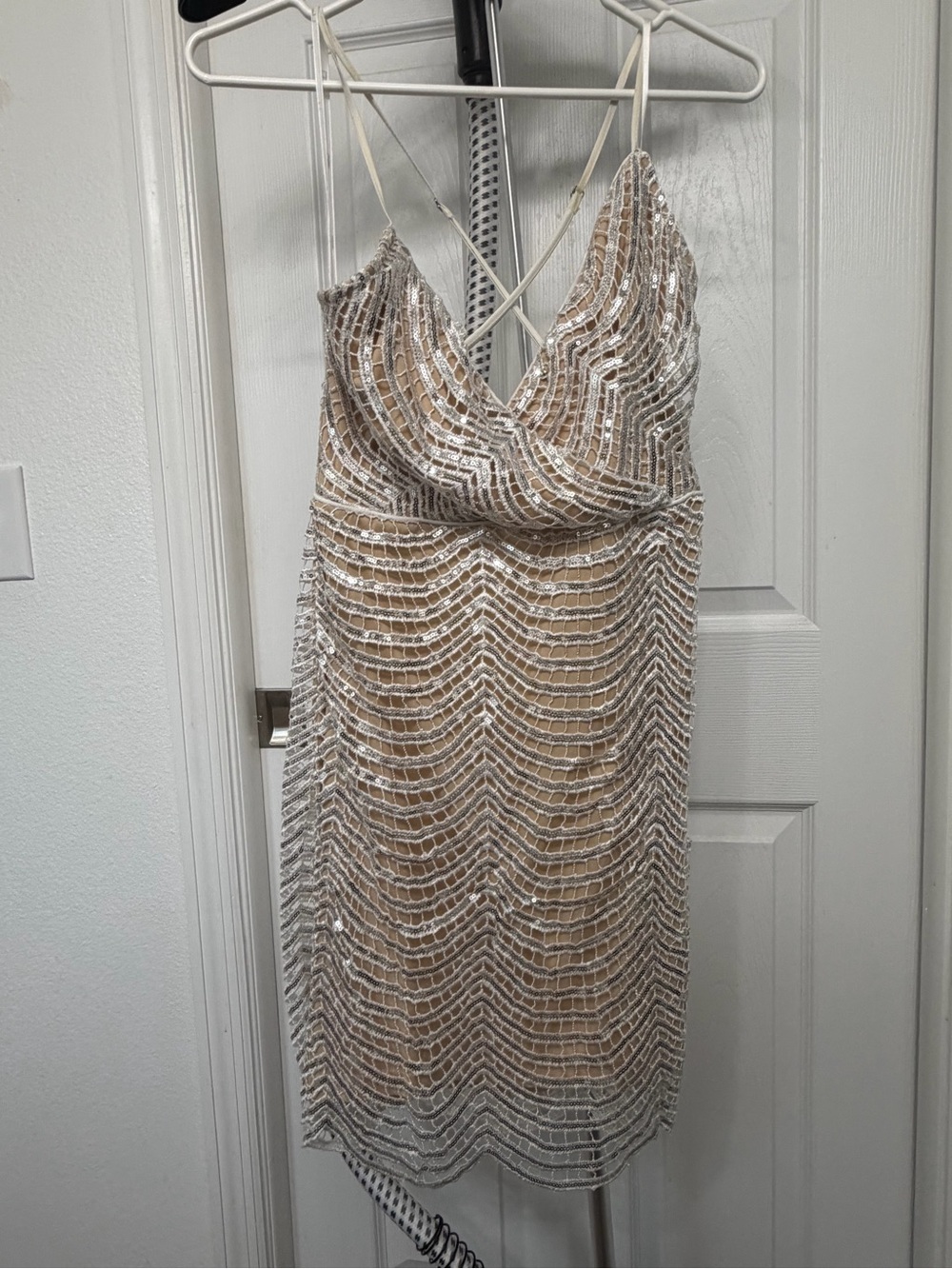 Beaded Spaghetti-Strap Dress in white and Silver lulus small